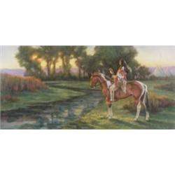 Karen Hablutzel (b.1944). Pastel. Indian on horseback. 17" x 35.5". Estimate $500-$750.…