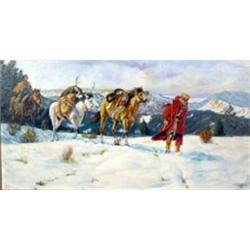 Art Kober. Oil on canvas. "To Winter Camp." 14" x 26". Estimate $1,500-$2,000.…