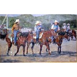 Fritz Keck. Oil on canvas. "Talkin' Cuttin'." 35" x 56". Estimate $1,200-$1,800.…