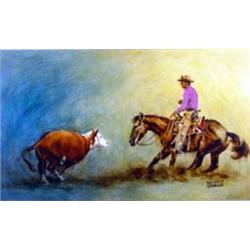 Vic Donahue (b.1917). Oil on board. "Cutting Horse." Ex Otha Wearin collection. 11.25" x 19.25". …