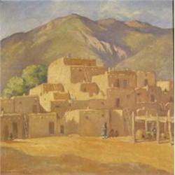Mary Gray Mendenhall (deceased). Oil on canvas.   Pueblo of the Taos Indians.  Ex Otha Wearin Col…