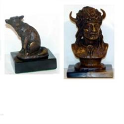 George Dabich (b.1922) Pair of bronze sculptures on marble bases. "Indian With Horned Headdress."…