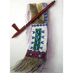 Emilie Touraine (b.1939). Mixed media. Peace pipe & bag. 20" x 15". Estimate $1,000-$1,200.…