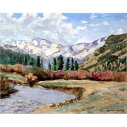 Lyman Byxbe (1886-1980). Oil on canvas.  Notchtop Mountain & Thompson River.  Byxbe oils are scar…