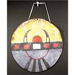 Pueblo Indian Dance Shield. Heavy hide with painted designs. 20th century. Very showy. 19" diamet…