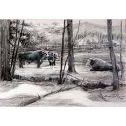 Bud Helbig (b.1919) (CA). Charcoal. "Montana Bull Pasture." Framed & matted under glass, sight si…