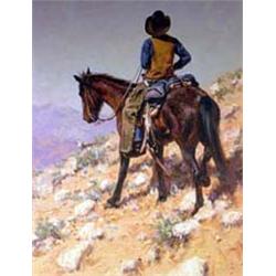 Harold Lyon (b.1930). Oil on canvas. "Spring Round-Up." 20" x 16". Estimate $1,000-$1,500.…