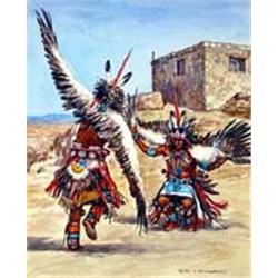 Hubert Wackermann (b.1945). Watercolor. "Zuni Eagle Dance." Framed & matted under glass, sight si…