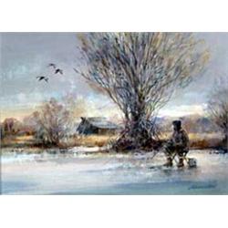 Richard Amundsen (b.1928). Oil on board. Man fishing through ice. 11  x 14.5 . Estimate $400-$500…