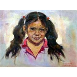 Guadalupe Apodaca (1941). Oil on canvas.  Pony Tails . 12  x 16 . Estimate $400-$500.…