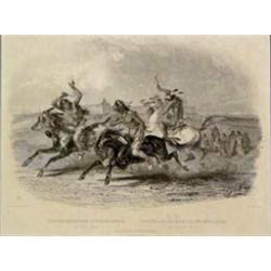 Karl Bodmer (1809-1893). Steel plate engraving.  Horse Racing of Sioux Indians.  19th century. 9 …