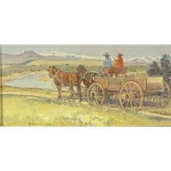 Sheryl Bodily. Oil on canvas.  Team & Wagon.  6  x 11.5 . Estimate $300-$400.…