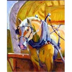 Susan Greaves (b.1944). Oil on board. Horse in harness. Framed & matted under glass, sight size 1…