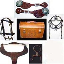 Tacked Box, Studded Bridle, Silver & Leather Spur Straps, 2 Iron Ring Bits & Carved Martingale. E…