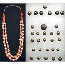 Navajo Indian Double Strand Turquoise and Coral Necklace & Set of 30 Silver Buttons. Estimate $30…