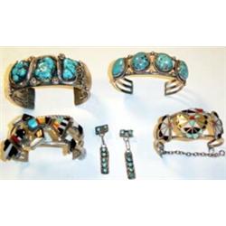 Navajo jewelry lot consisting of Zuni inlay rainbow man bracelet, Zuni inlay thunderbird bracelet…