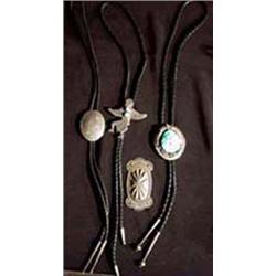 Navajo Jewelry Lot Consisting Of 3 Silver bolo ties (One With Turquoise) & 1940's Silver Concho P…