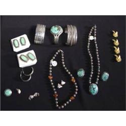 Jewelry lot consisting of: 2 pairs Silver & green turquoise earrings - signed A. Jake, Eagle butt…