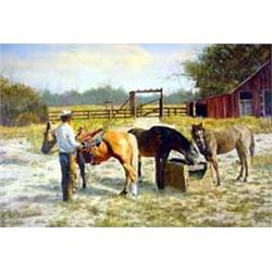 William Hoffman (b.1924). Oil on canvas. "Saddling Up." 24" x 36". Estimate $4,000-$5,000.…