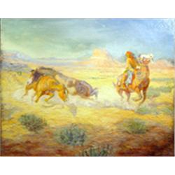 Lone Wolf (1882-1970). Oil on board. 1915 Santa Fe Railroad Office Painting "Roping Stallions." 2…