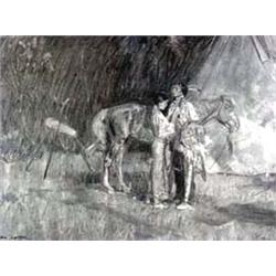 Tom Lovell (1909-1997). Charcoal.  The Finishing Touch.  Framed under glass, sight size 20  x 28 …