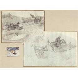 Charlie Dye (1906-1972). 2 graphite sketches & 1 watercolor framed together. Study for "Layin the…