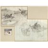 Image 1 : Charlie Dye (1906-1972). 2 graphite sketches & 1 watercolor framed together. Study for "Layin the…