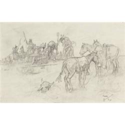 Charlie Dye (1906-1972). Graphite on paper. Study for "Battle Plan." 23" x 35". Estimate $2,000-$…