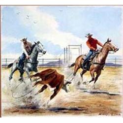 Stanley M. Long (1892-1972). Watercolor. Cowboys roping steer. Framed & matted under glass, sight…