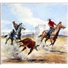 Image 1 : Stanley M. Long (1892-1972). Watercolor. Cowboys roping steer. Framed & matted under glass, sight…