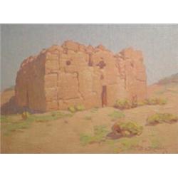Warren E. Rollins (1861-1962). Oil on canvas laid down on board. "Old Adobe." 11" x 15". Estimate…