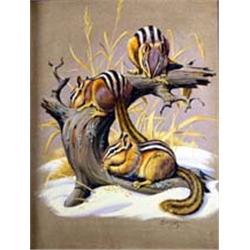 Elmer Sprunger (b.1919). Oil on canvas.  Winter Outgoing - Chipmunks.  14  x 11 . Estimate $500-$…