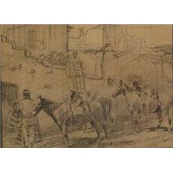 Edward Borein (1873-1945). Pencil on paper.  Navajos at Pueblo (1912).  Framed & matted under gla…