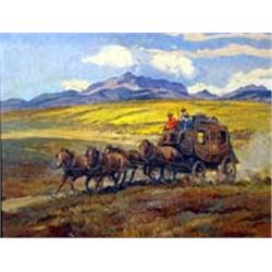 Sheryl Bodily. Oil on canvas. "Stagecoach." 16" x 20". Estimate $750-$1,000.…