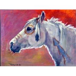Emilie Touraine (b.1939). Oil on board.  Plains Indian Pony.  9  x 12 . Estimate $1,000-$1,200.…