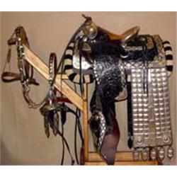 Holtz Parade Saddle with Serape, Headstall & Martingale. Nickel silver conchos. Rack included. Es…