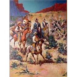 Vladin Stiha (1908-1992). Oil on board. 5 Cowboys. 24" x 18". Estimate $5,000-$6,000.…