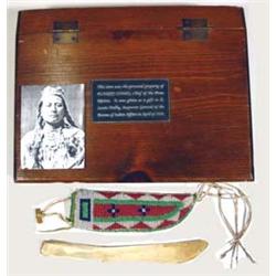 Crow Indian Plenty Coup's 10  Hand Carved Buffalo Bone Knife with beaded sheath, display box & do…