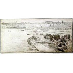 Edward Borein (1873-1945). Etching.  Desert Waterhole.  Ex Otha Wearin collection. 12.25  x 5.75 …