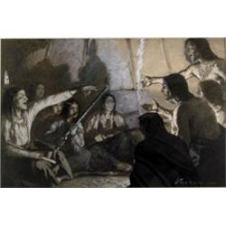 George E. Varian (1865-1923). Gouache. "The Argument." Ex Otha Wearin collection. Framed & matted…