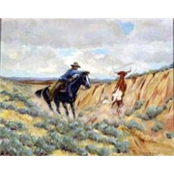 Byron B. Wolfe (1904-1973). Oil on canvas. "Cut Banked". Ex Otha Wearin collection. 16" x 20". Es…