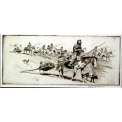 Edward Borein (1873-1945). Etching. "Blackfeet Women Moving Camp." Ex Otha Wearin collection. 4.2…