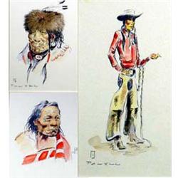 Ace Powell (1912-1978). 3 pen & ink & watercolors. "In For The Day" 5.75" x 3.35", "Old & Proud" …