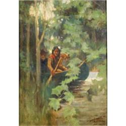 A.J. Tucker. Oil on board. "Indian In Canoe", circa 1907. Ex Otha Wearin collection. 14" x 10". E…