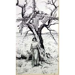 Ernest Berke (b. 1921). Pen & ink. "Mourning." Framed & matted under glass, sight size 11.75" x 6…