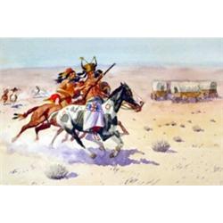 Leonard H. Reedy (1899-1956). Watercolor. "Indians Attacking Wagons." Framed & matted under glass…