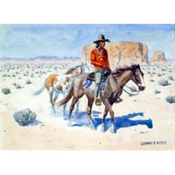 Leonard H. Reedy (1899-1956). Watercolor.  Indian On Horse Leading.  Framed & matted under glass,…