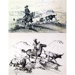 Harold Dow Bugbee (1900-1963). 2 pen & inks.  Roping A Wild One  10.5  x 14.25  &  Ten Dollar Hor…