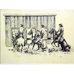 Harold Dow Bugbee (1900-1963). Pen & ink. 3 Cowboys on horseback. 8.5" x 11.25". Estimate $750-$1…