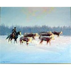 Clifton Roy Cheek (b.1937). Oil on canvas. Indian herding cattle. 16" x 20". Estimate $1,500-$2,0…